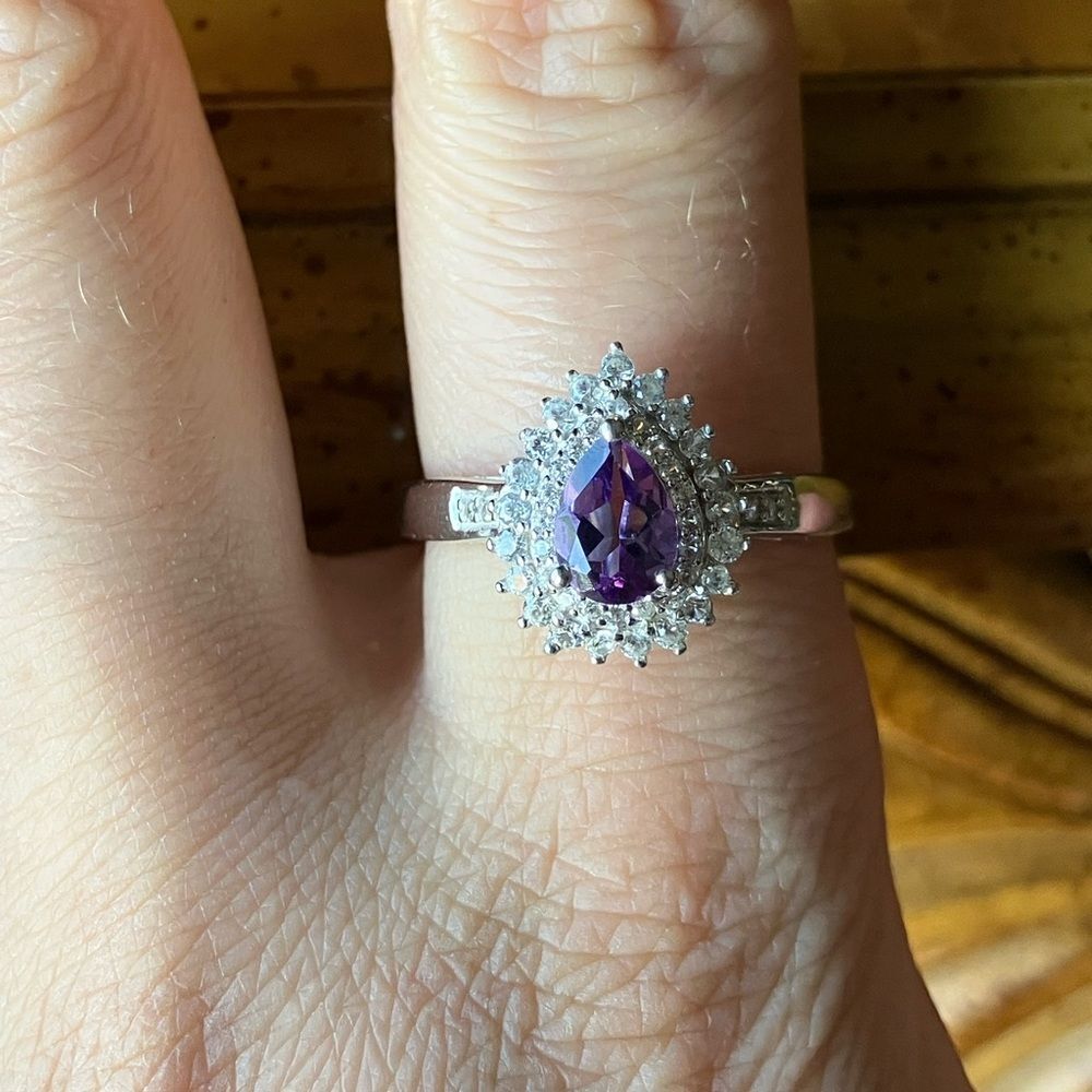 Natural Amethyst Sterling Silver Double Halo Ring Size 9